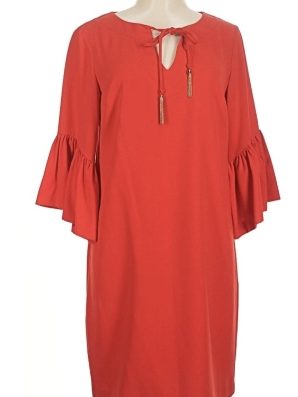 Trina Turk Coral-Red Tie-Neck Bell Sleeve Midi Dress